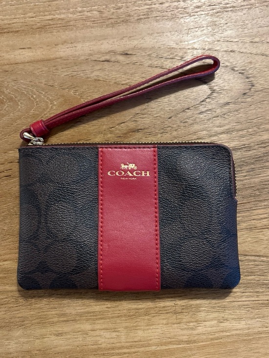 Coach Handbags - Coach Brown Signature Wristlet with Red Center Stripe